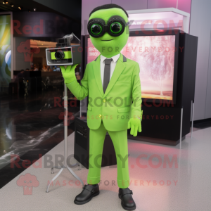 Lime Green Camera mascot costume character dressed with a Suit Pants and Sunglasses