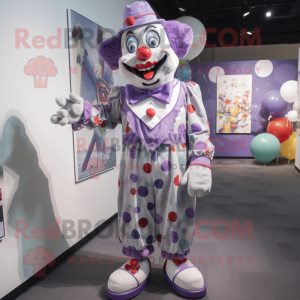 Lavender Clown mascot costume character dressed with a Romper and Tie pins