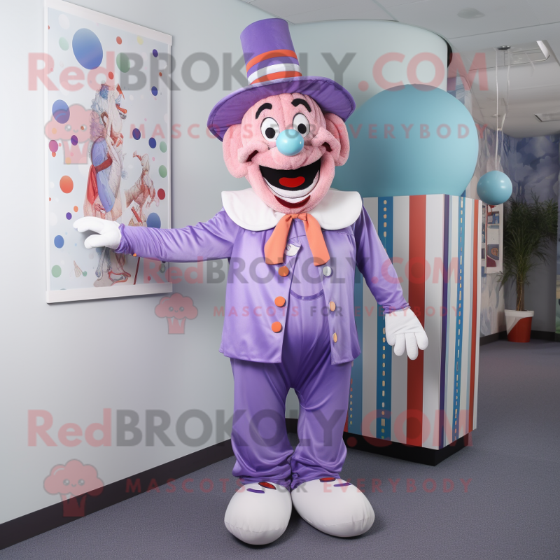 Lavender Clown mascot costume character dressed with a Romper and Tie pins Lavender Clown mascot costume character dressed with a Romper and Tie pins
