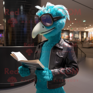 Teal Ostrich mascot costume character dressed with a Moto Jacket and Reading glasses