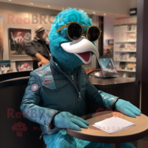 Teal Ostrich mascot costume character dressed with a Moto Jacket and Reading glasses