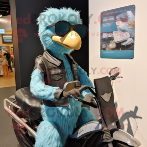 Teal Ostrich mascot costume character dressed with a Moto Jacket and Reading glasses