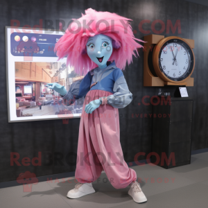 Pink Witch mascot costume character dressed with a Chambray Shirt and Digital watches