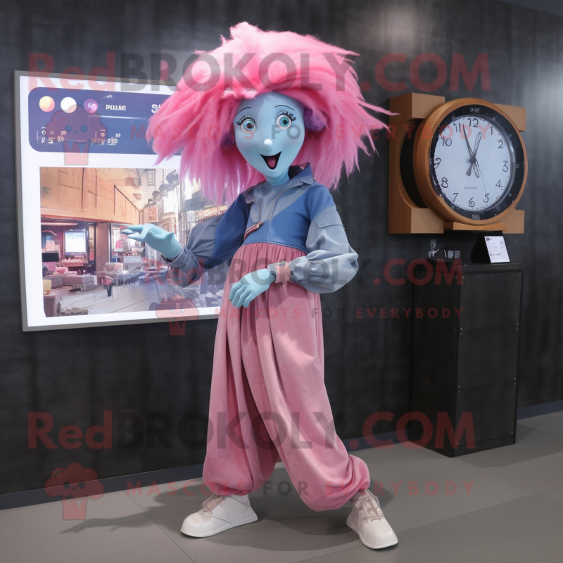 Pink Witch mascot costume character dressed with a Chambray Shirt and Digital watches