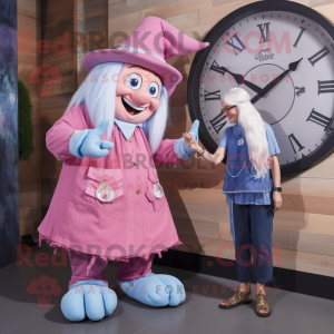 Pink Witch mascot costume character dressed with a Chambray Shirt and Digital watches