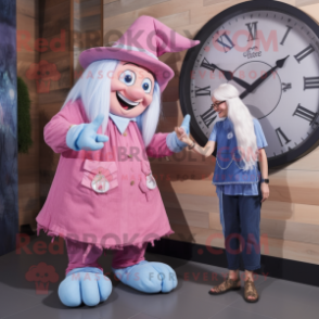 Pink Witch mascot costume character dressed with a Chambray Shirt and Digital watches