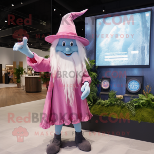 Pink Witch mascot costume character dressed with a Chambray Shirt and Digital watches