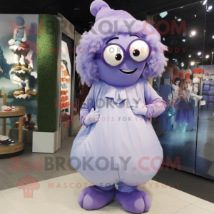 Lavender Cyclops mascot costume character dressed with a Blouse and Eyeglasses