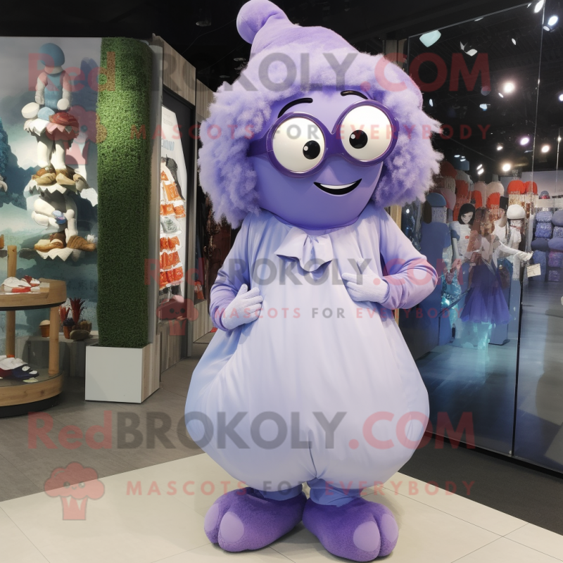 Lavender Cyclops mascot costume character dressed with a Blouse and Eyeglasses Lavender Cyclops mascot costume character dressed with a Blouse and Eyeglasses