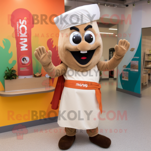 Beige Tikka Masala mascot costume character dressed with a Shorts and Mittens