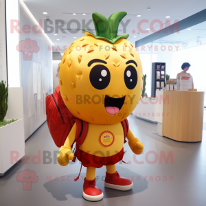 Gold Strawberry mascot costume character dressed with a One-Piece Swimsuit and Backpacks