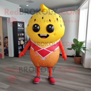 Gold Strawberry mascot costume character dressed with a One-Piece Swimsuit and Backpacks