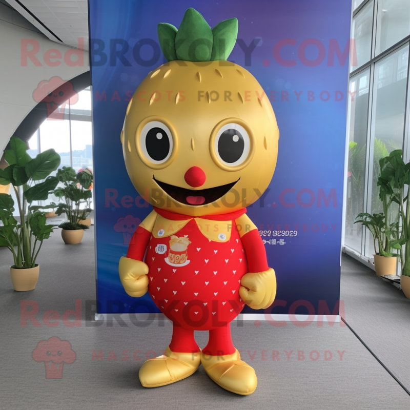 Gold Strawberry mascot costume character dressed with a One-Piece Swimsuit and Backpacks