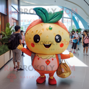 Gold Strawberry mascot costume character dressed with a One-Piece Swimsuit and Backpacks