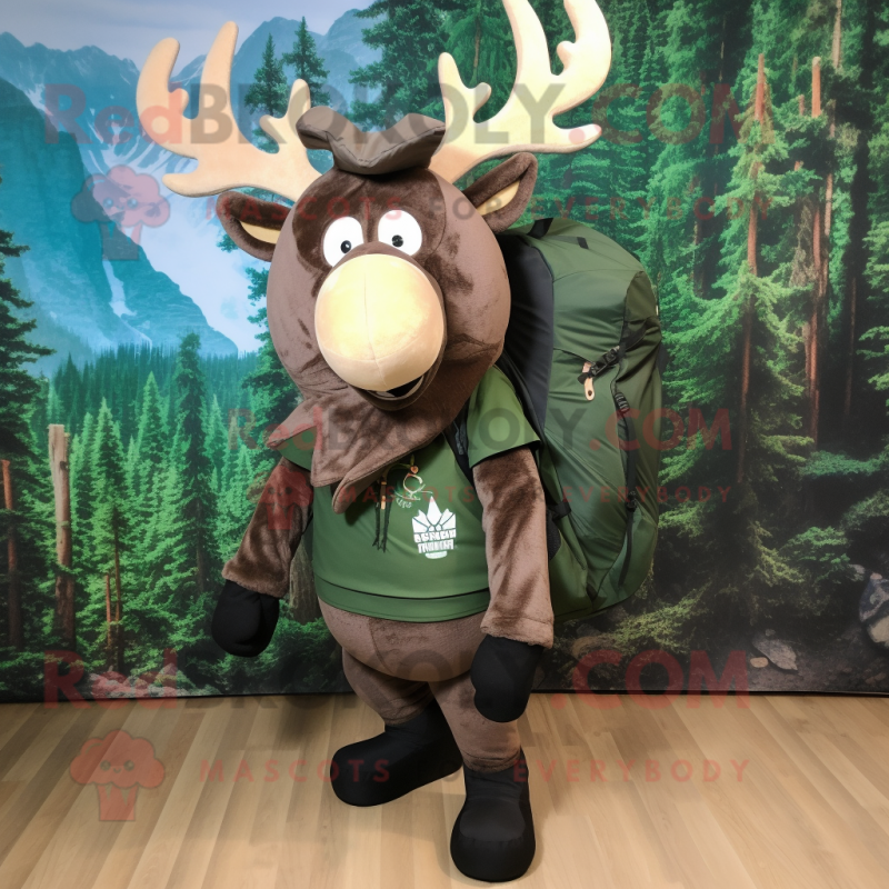 Forest Green Elk mascot costume character dressed with a Graphic Tee and Backpacks