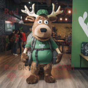 Forest Green Elk mascot costume character dressed with a Graphic Tee and Backpacks