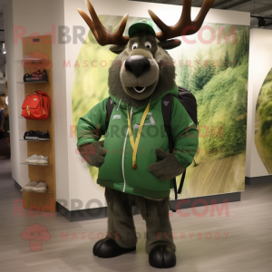 Forest Green Elk mascot costume character dressed with a Graphic Tee and Backpacks