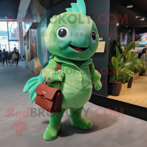 Green Goldfish mascot costume character dressed with a Romper and Handbags