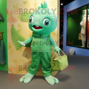 Green Goldfish mascot costume character dressed with a Romper and Handbags