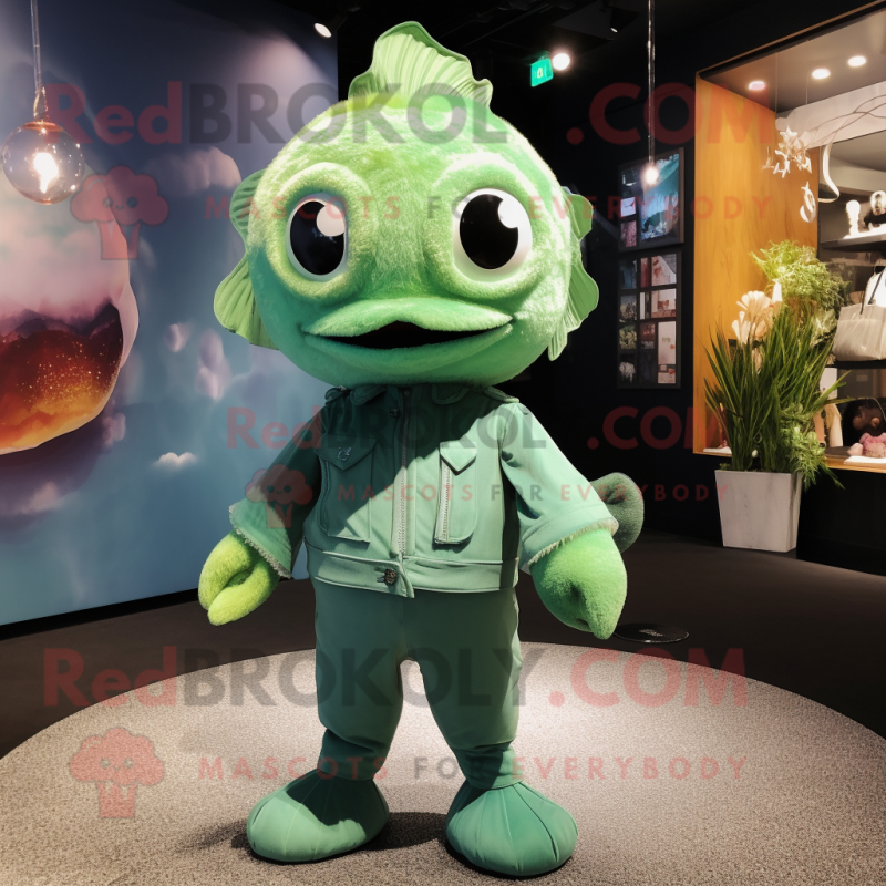 Green Goldfish mascot costume character dressed with a Romper and Handbags Green Goldfish mascot costume character dressed with a Romper and Handbags