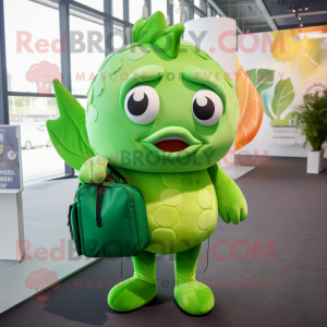 Green Goldfish mascot costume character dressed with a Romper and Handbags