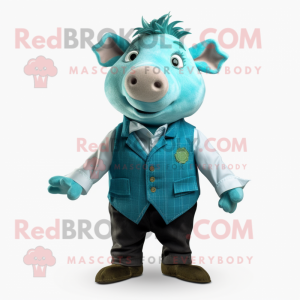 Cyan Sow mascot costume character dressed with a Waistcoat and Pocket squares