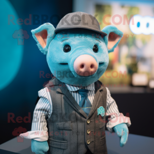 Cyan Sow mascot costume character dressed with a Waistcoat and Pocket squares