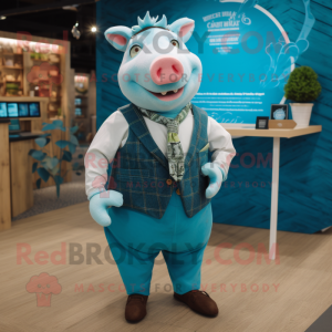 Cyan Sow mascot costume character dressed with a Waistcoat and Pocket squares