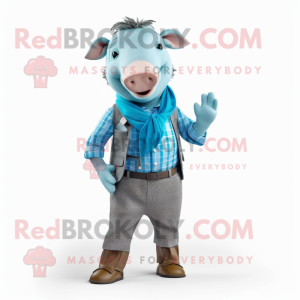 Cyan Sow mascot costume character dressed with a Waistcoat and Pocket squares