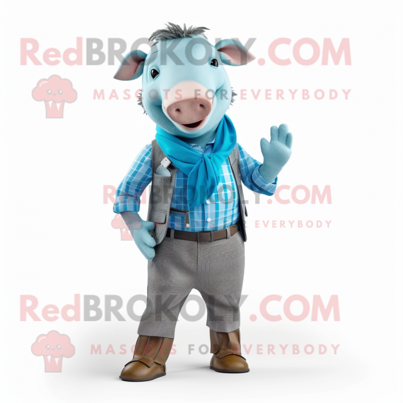 Cyan Sow mascot costume character dressed with a Waistcoat and Pocket squares Cyan Sow mascot costume character dressed with a Waistcoat and Pocket squares