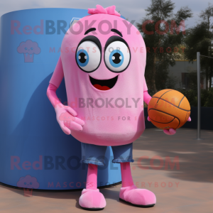 Pink Basketball Ball mascot costume character dressed with a Denim Shorts and Mittens