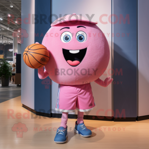 Pink Basketball Ball mascot costume character dressed with a Denim Shorts and Mittens