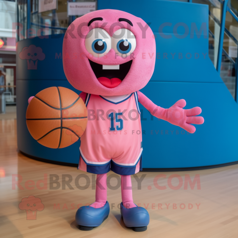 Pink Basketball Ball mascot costume character dressed with a Denim Shorts and Mittens