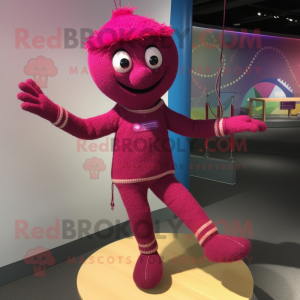 Magenta Tightrope Walker mascot costume character dressed with a Sweater and Shoe laces