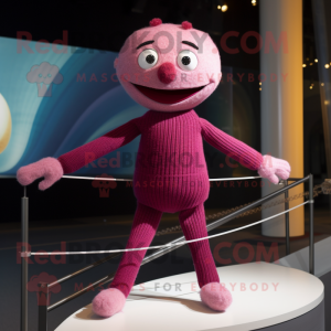 Magenta Tightrope Walker mascot costume character dressed with a Sweater and Shoe laces