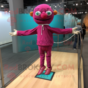 Magenta Tightrope Walker mascot costume character dressed with a Sweater and Shoe laces