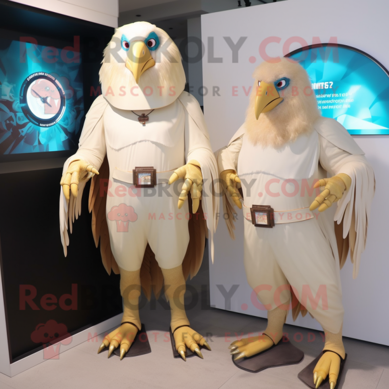 Cream Harpy mascot costume character dressed with a Rash Guard and Smartwatches Cream Harpy mascot costume character dressed with a Rash Guard and Smartwatches