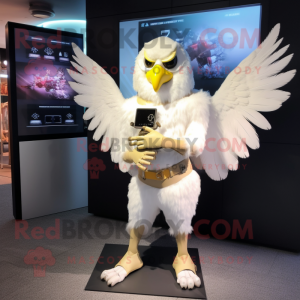 Cream Harpy mascot costume character dressed with a Rash Guard and Smartwatches