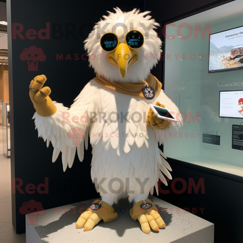 Cream Harpy mascot costume character dressed with a Rash Guard and Smartwatches Cream Harpy mascot costume character dressed with a Rash Guard and Smartwatches