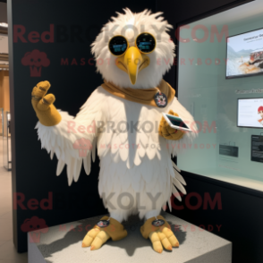 Cream Harpy mascot costume character dressed with a Rash Guard and Smartwatches