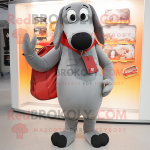 Gray Hot Dogs mascot costume character dressed with a Suit Pants and Backpacks