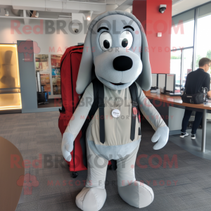 Gray Hot Dogs mascot costume character dressed with a Suit Pants and Backpacks