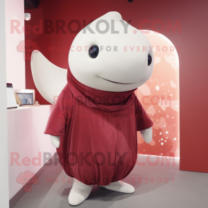 Maroon Beluga Whale mascot costume character dressed with a Sweater and Earrings