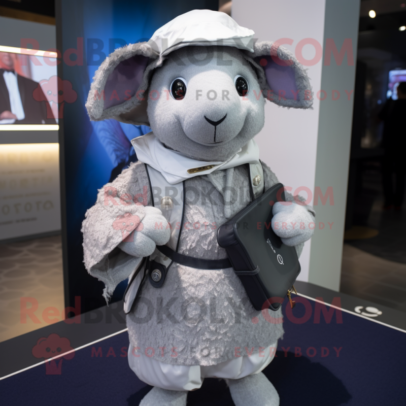 Silver Sheep mascot costume character dressed with a Cover-up and Pocket squares