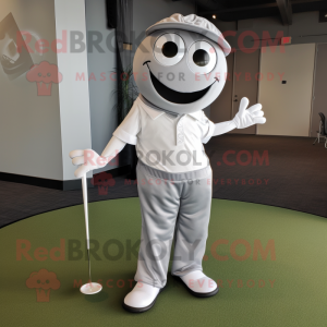 Silver Golf Ball mascot costume character dressed with a Bootcut Jeans and Cummerbunds