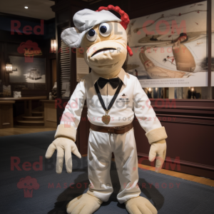 White Lobster Bisque mascot costume character dressed with a Corduroy Pants and Suspenders