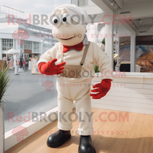 White Lobster Bisque mascot costume character dressed with a Corduroy Pants and Suspenders