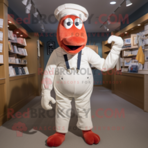 White Lobster Bisque mascot costume character dressed with a Corduroy Pants and Suspenders