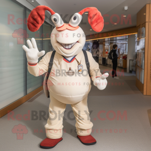 White Lobster Bisque mascot costume character dressed with a Corduroy Pants and Suspenders