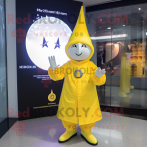 Lemon Yellow Magician mascot costume character dressed with a Windbreaker and Beanies